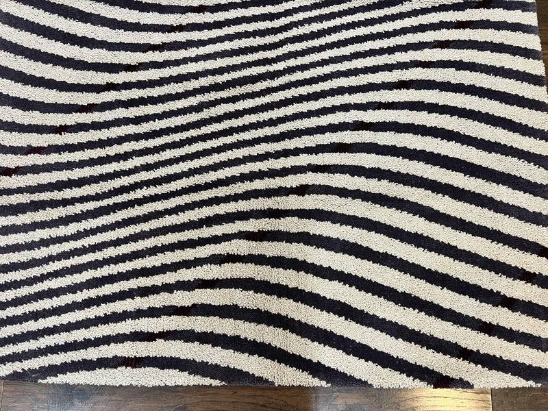 Vintage Zebra Stripes Shag Rug 5.7 x 7.4, Black and White, Retro, Wool by Jewel Rugs