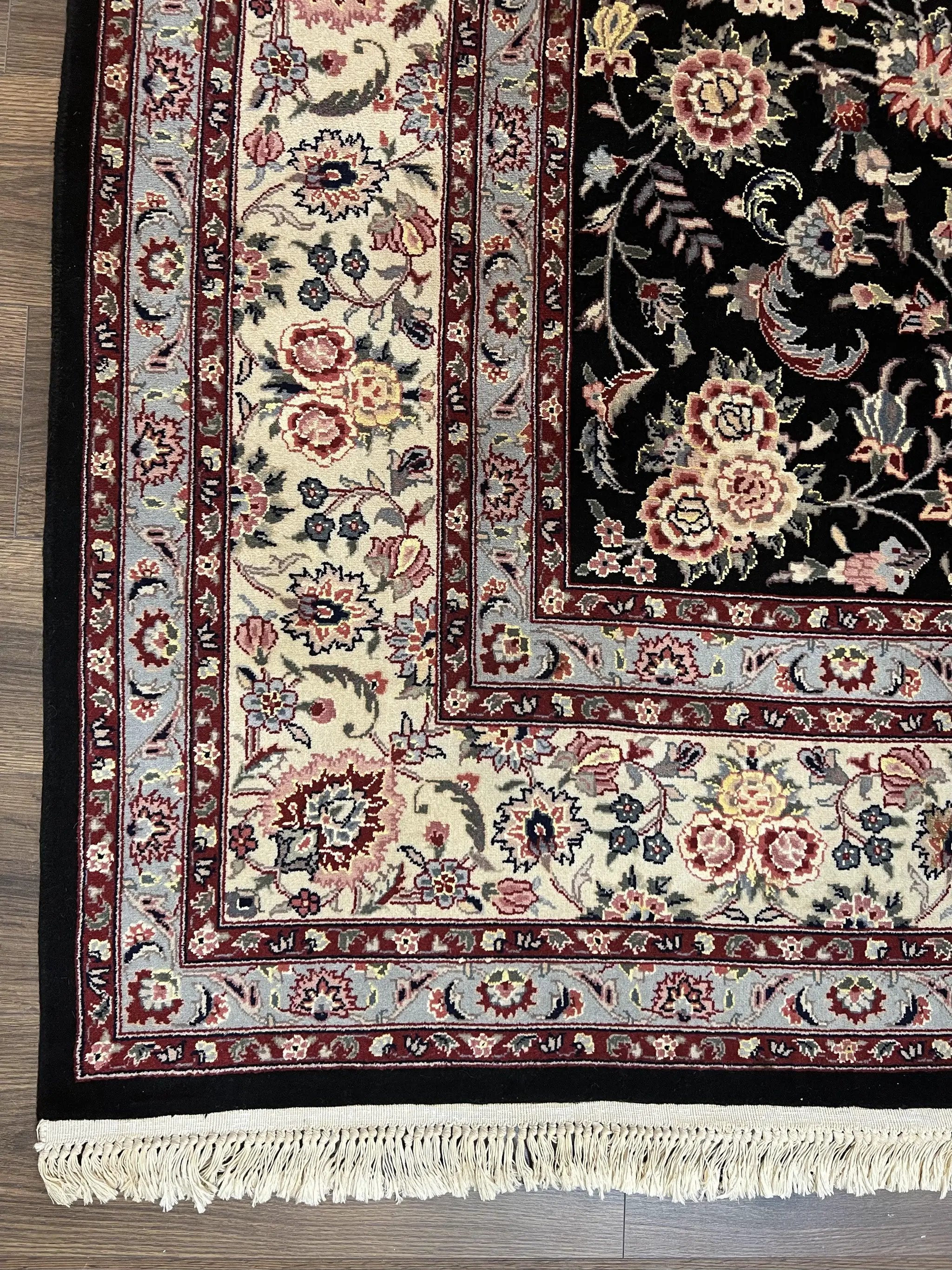 Pak Persian Rug 9x12, Floral Allover, Hand Knotted Oriental Carpet 9 x 12 ft, Black and Cream, Detailed, Wool with Silk Highlights, Vintage by Jewel Rugs