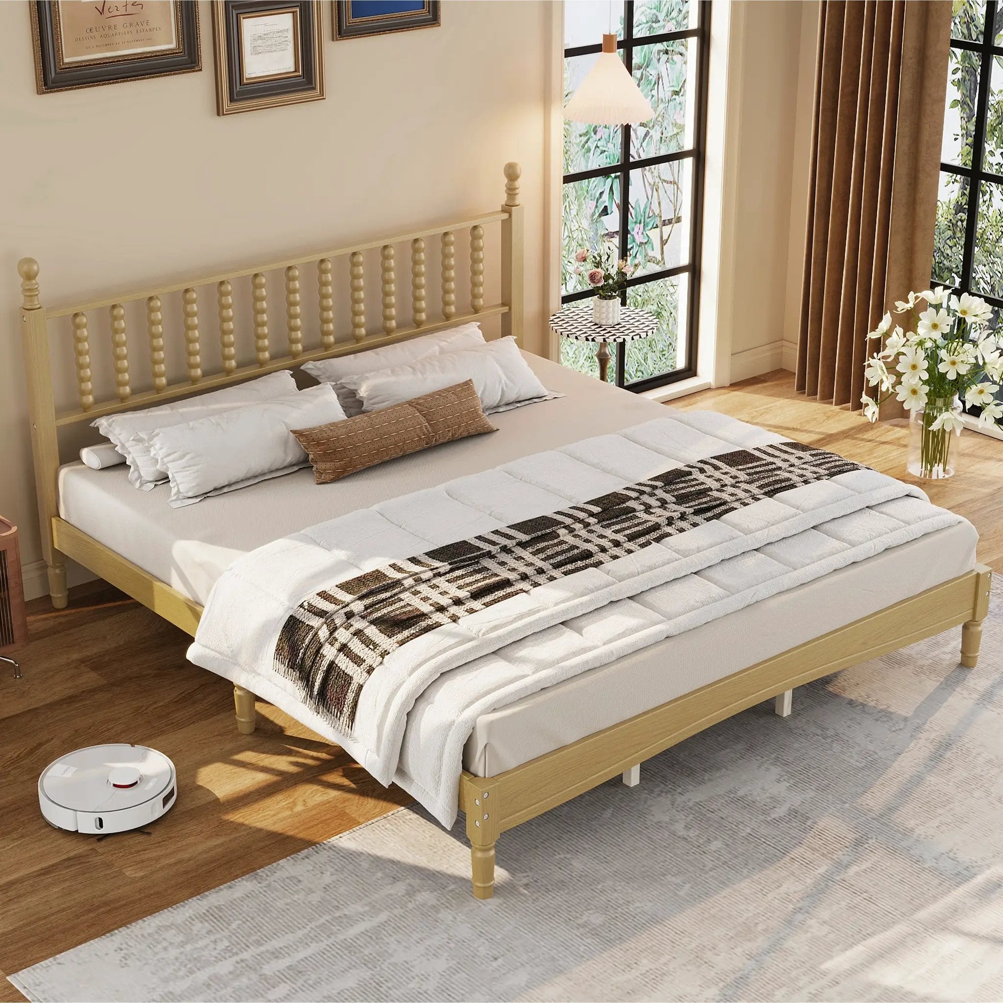 King Size Wood Platform Bed with Gourd Shaped Headboard by HouseOfZazla