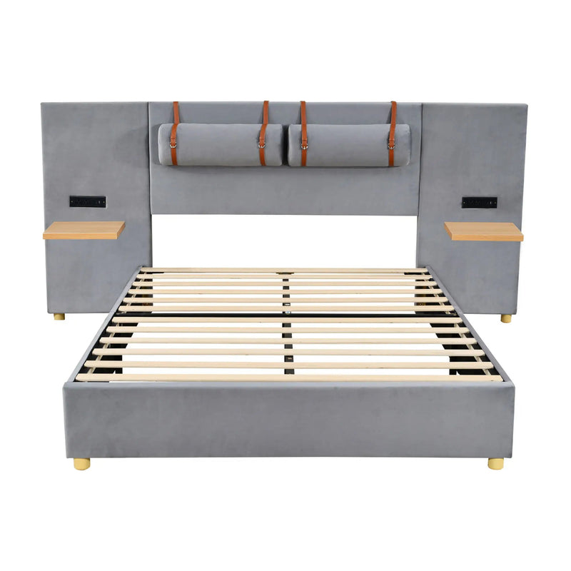 Upholstered Platform Bed, 2 Outlets And USB Charging Ports On Both Sides, 2 Bedside Pillows, Storage Shelves by Unique Piece Furniture