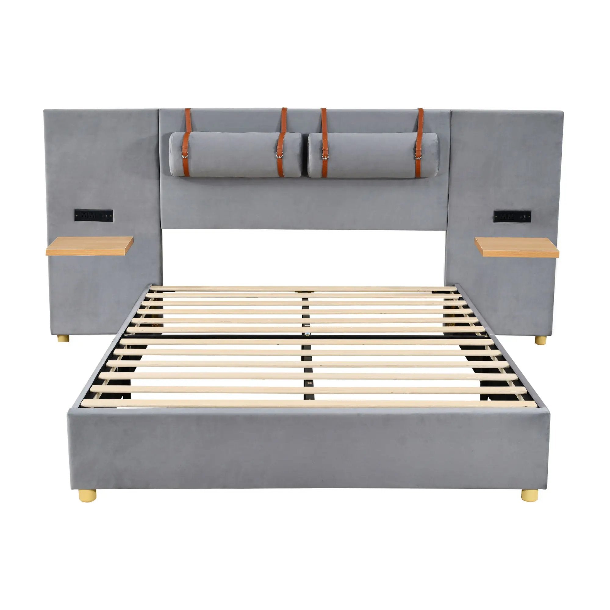 Upholstered Platform Bed, 2 Outlets And USB Charging Ports On Both Sides, 2 Bedside Pillows, Storage Shelves by HouseOfZazla