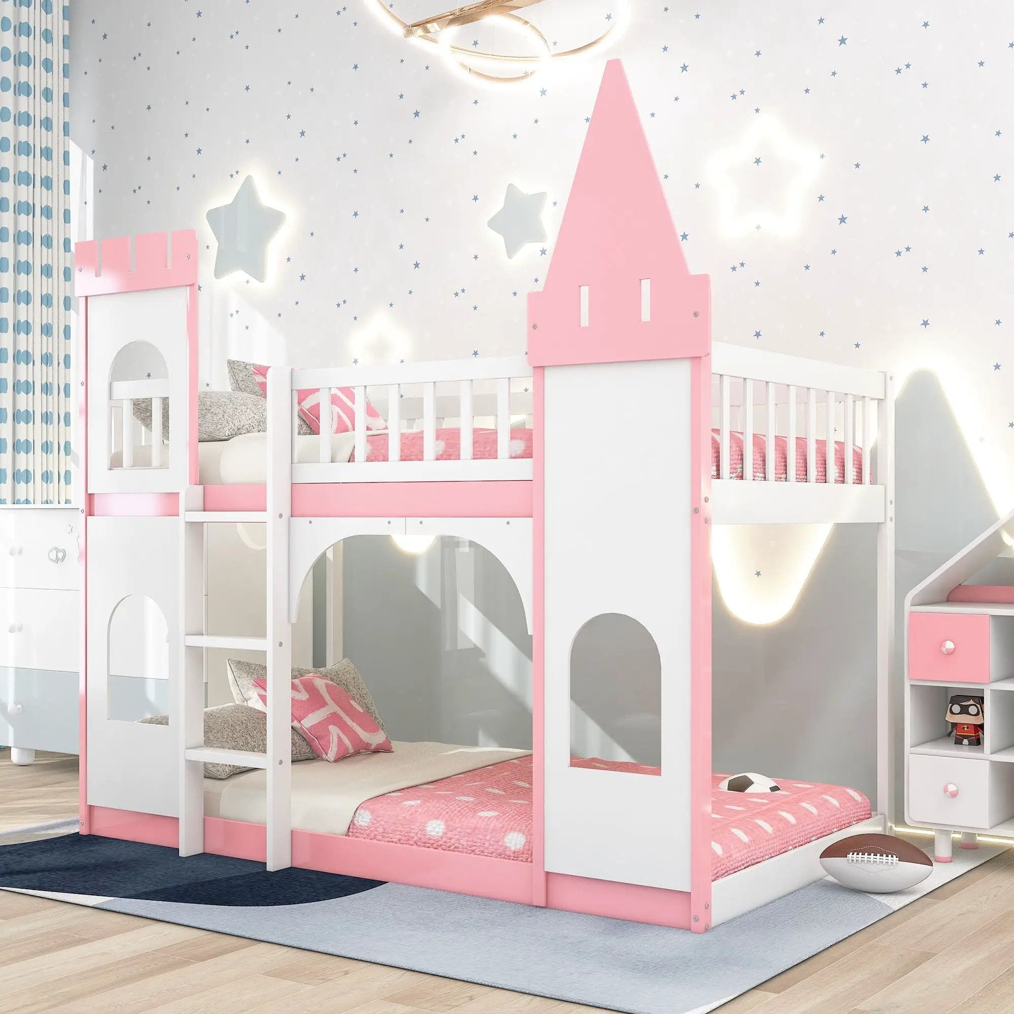 Twin Over Twin Castle Bunk Bed With Ladder - Pink by HouseOfZazla