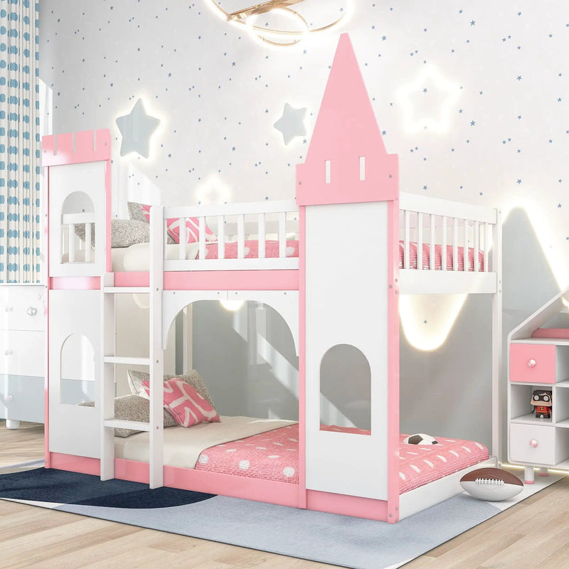 Twin Over Twin Castle Bunk Bed With Ladder - Pink by HouseOfZazla