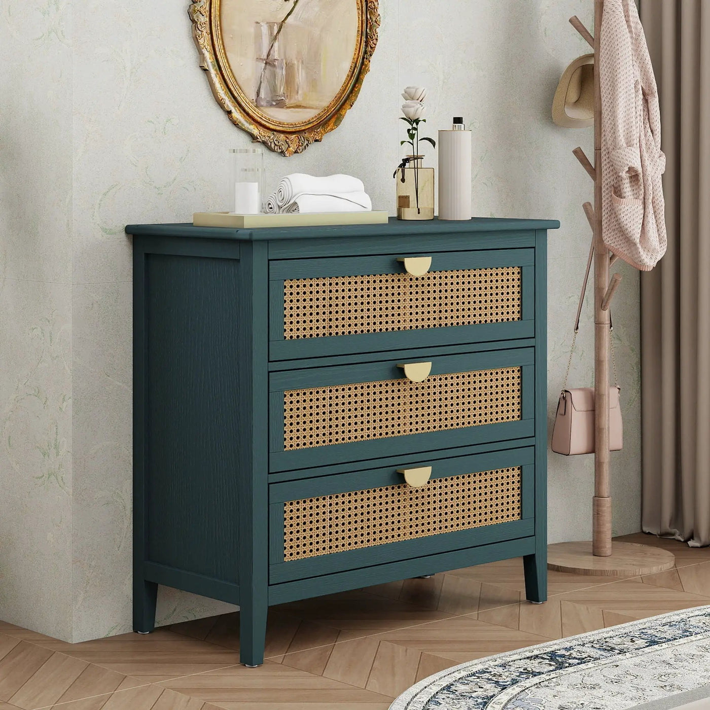 3 Drawer Cabinet, Natural Rattan, American Furniture by HouseOfZazla