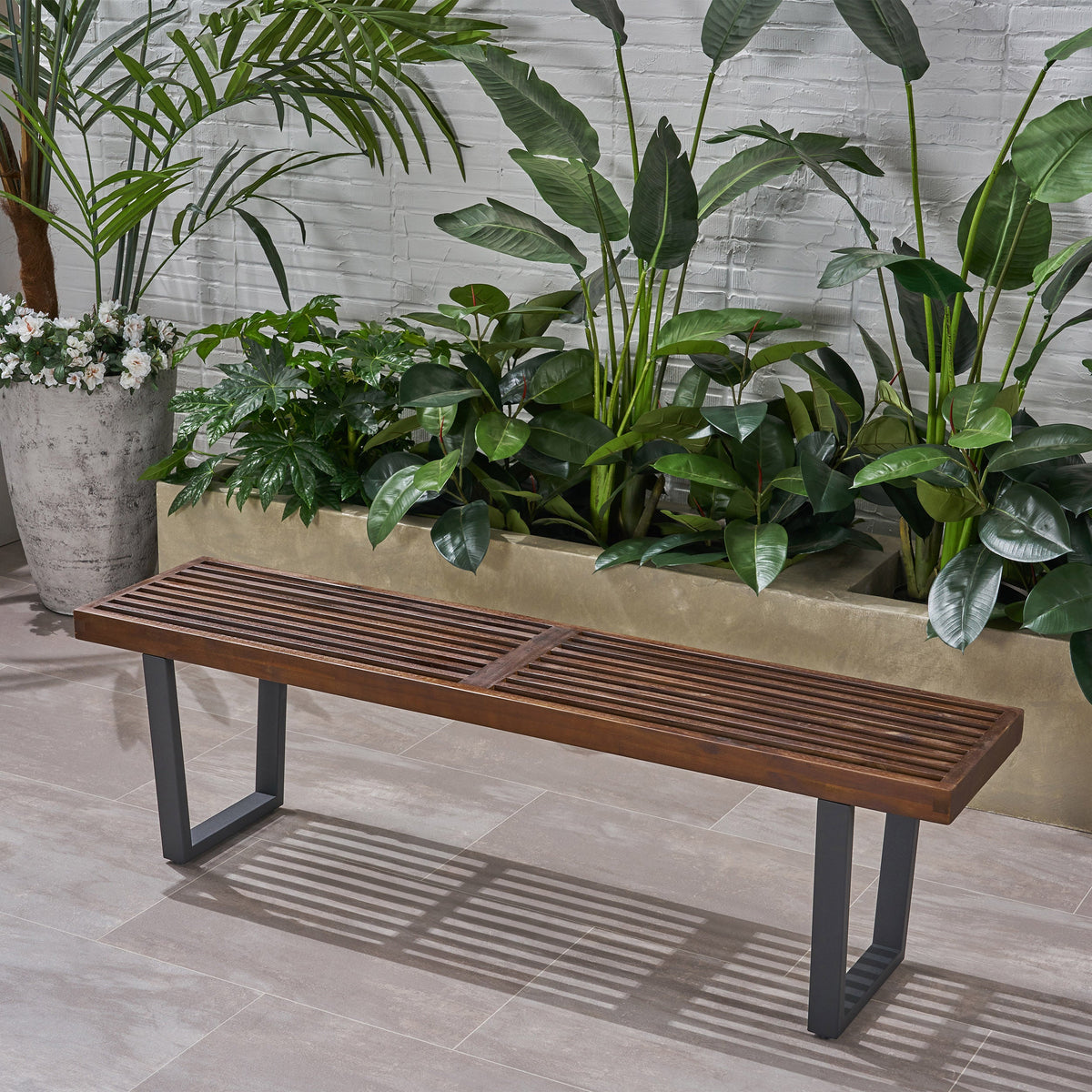 Modern Acacia Wood Patio Dining Bench with Iron Legs - Natural Wood/Iron