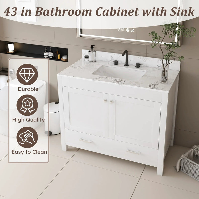 43" Bathroom Vanity With Artificial Marble Carrara Top Set, Multi Functional Bathroom Cabinet With Doors And Drawer - White by Unique Piece Furniture