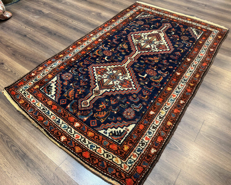 Antique Persian Hamadan Rug 4x6, Geometric, Double Medallions, Navy Blue, Tribal Carpet by Jewel Rugs