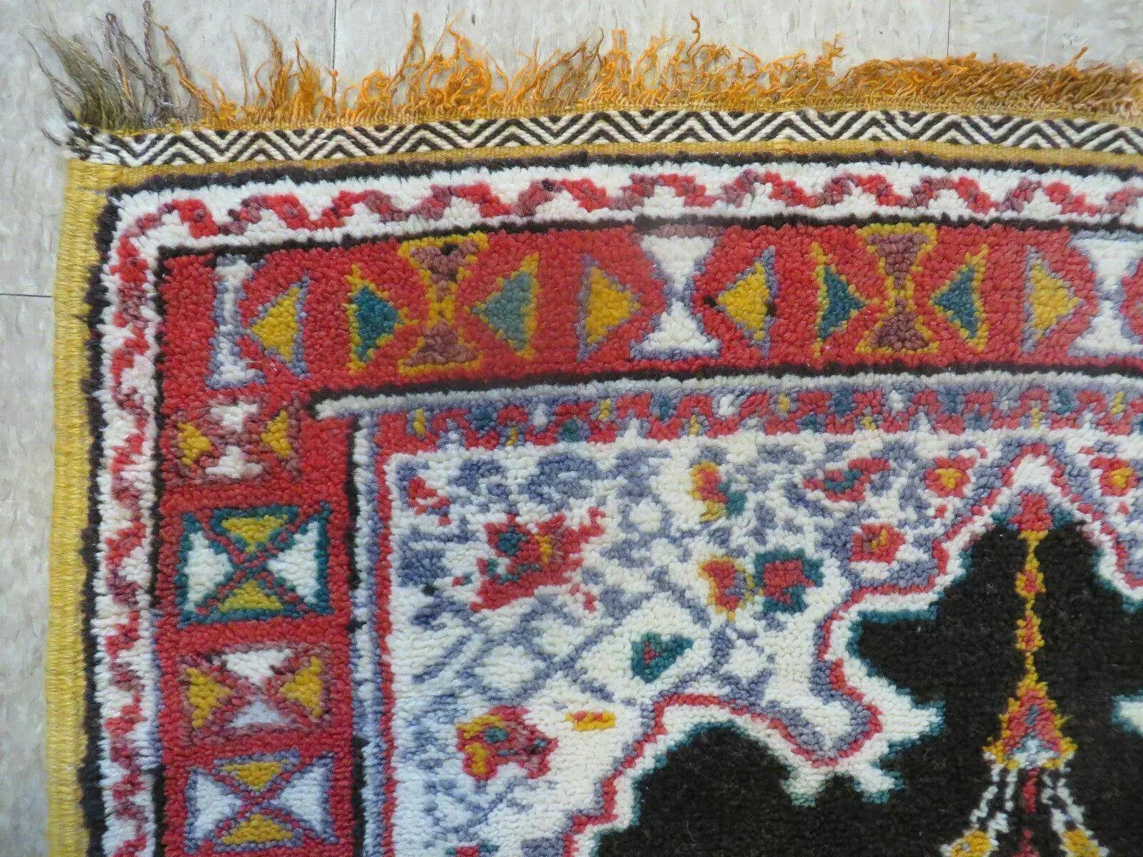 Antique Moroccan Runner Rug 3x7, Moroccan Prayer Rug, Double Mehrab Prayer Arches, Black and Red, Hand-Knotted Wool Carpet, Hallway Rug Nice by Jewel Rugs