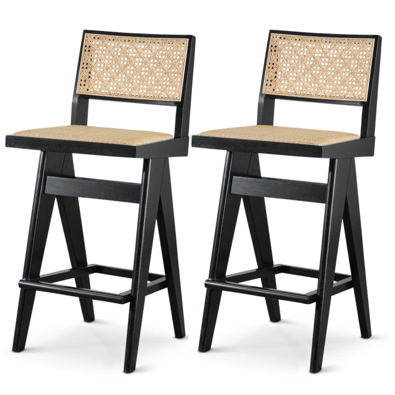 Black & Rattan Bar Stool Set with Full Back Support - Set of 2, photo 8 of 9