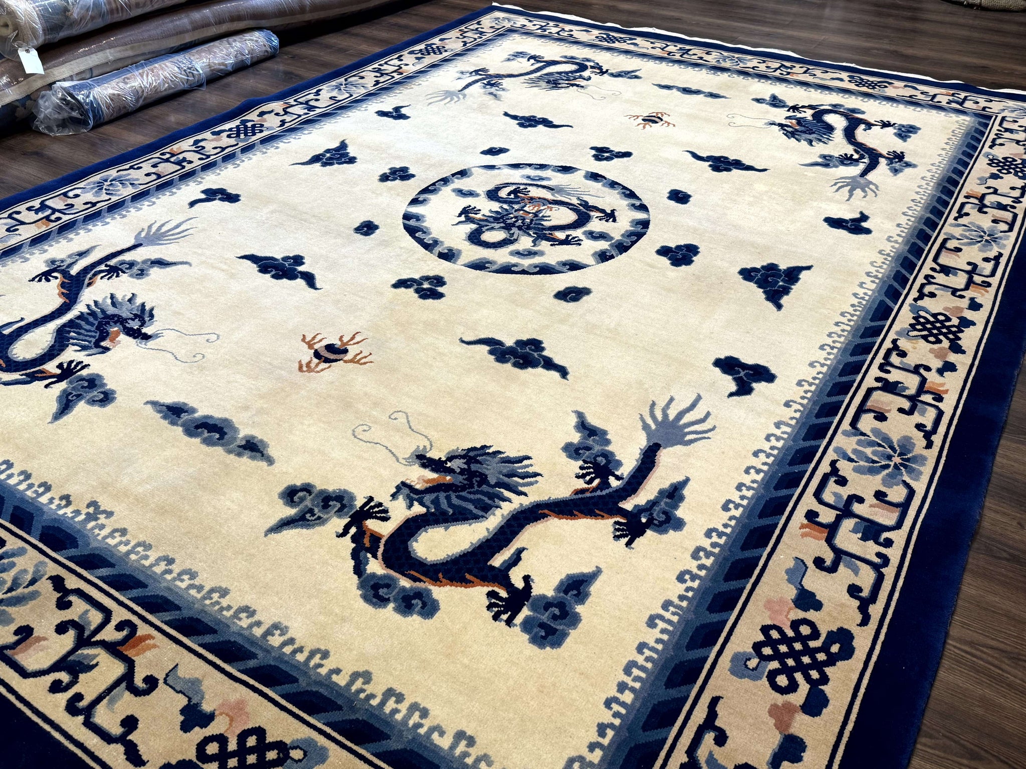 Chinese Dragon Peking Rug 8 x 11.6, Ivory and Blue, Chinese Wool Rug, Vintage by Jewel Rugs