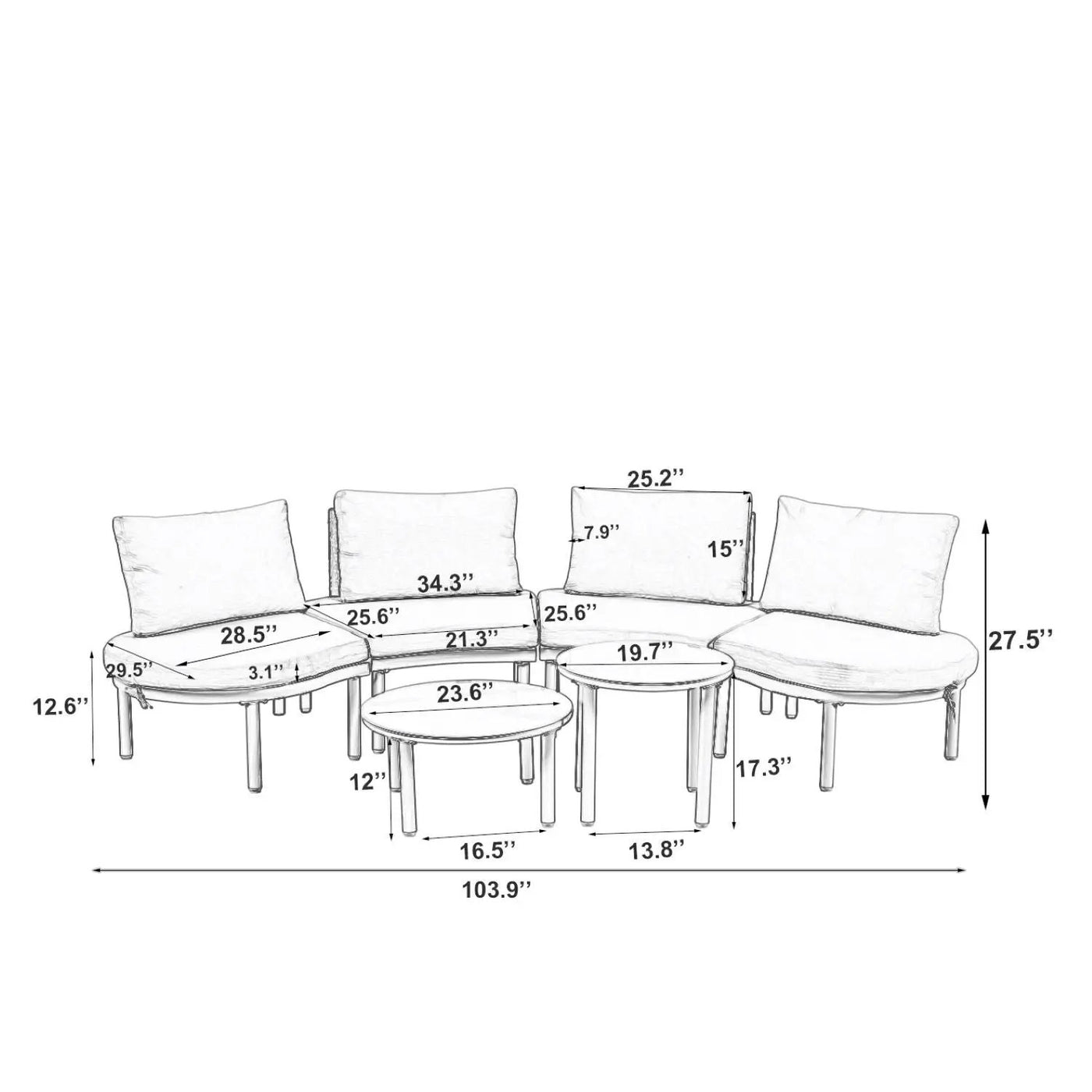 6 Piece Patio Set, Half Moon Outdoor Sectional Sofa With 2 High Low Coffee Tables, 4 Pillows & Cushions by HouseOfZazla