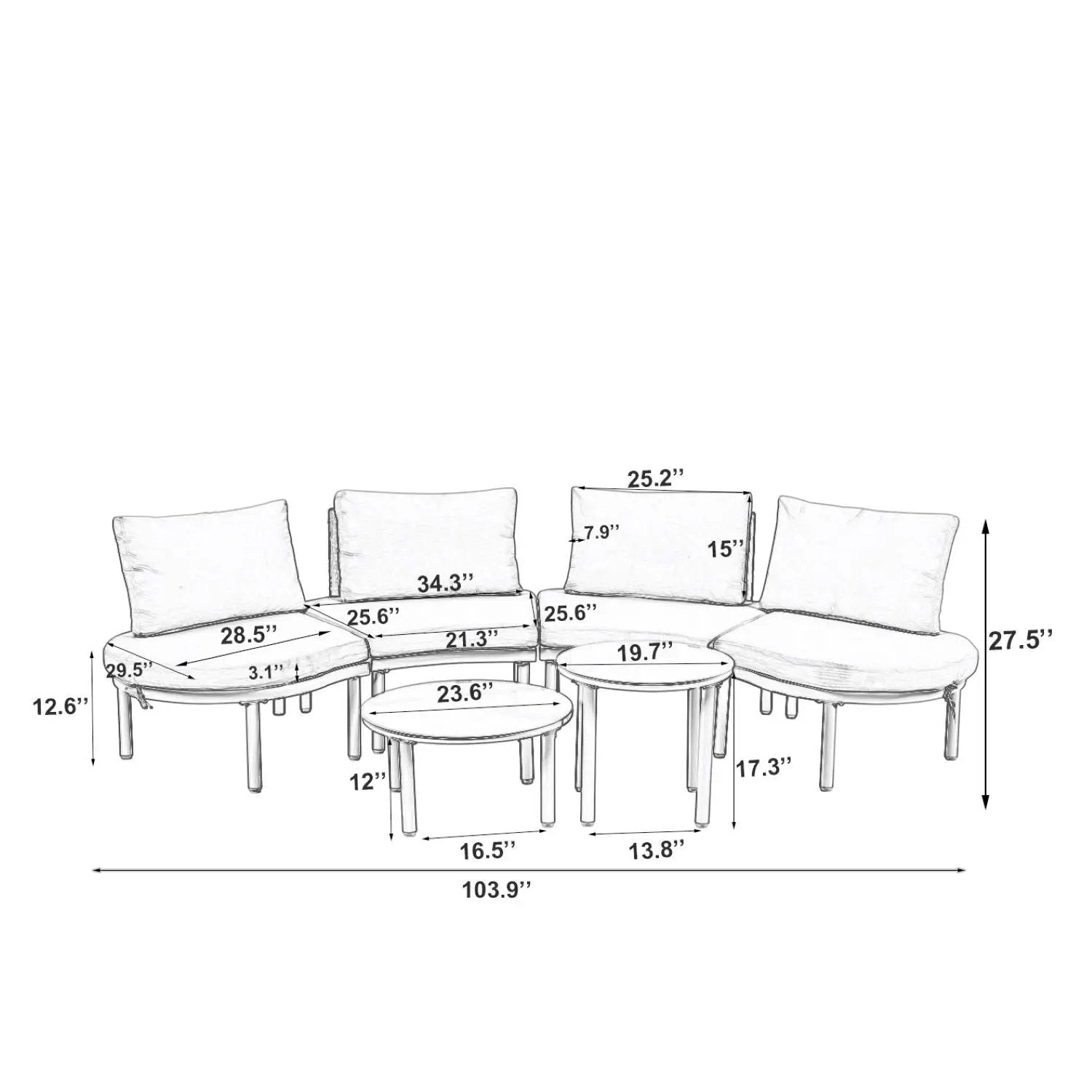 6 Piece Patio Set, Half Moon Outdoor Sectional Sofa With 2 High Low Coffee Tables, 4 Pillows & Cushions by HouseOfZazla