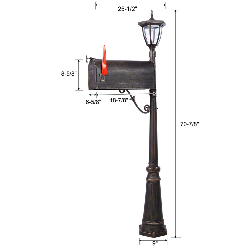 Stratford - Heavy Duty Cast Aluminum Mailbox With Post And Solar Light, Fluted Base, Decorative Modern Mailbox - Brown by HouseOfZazla