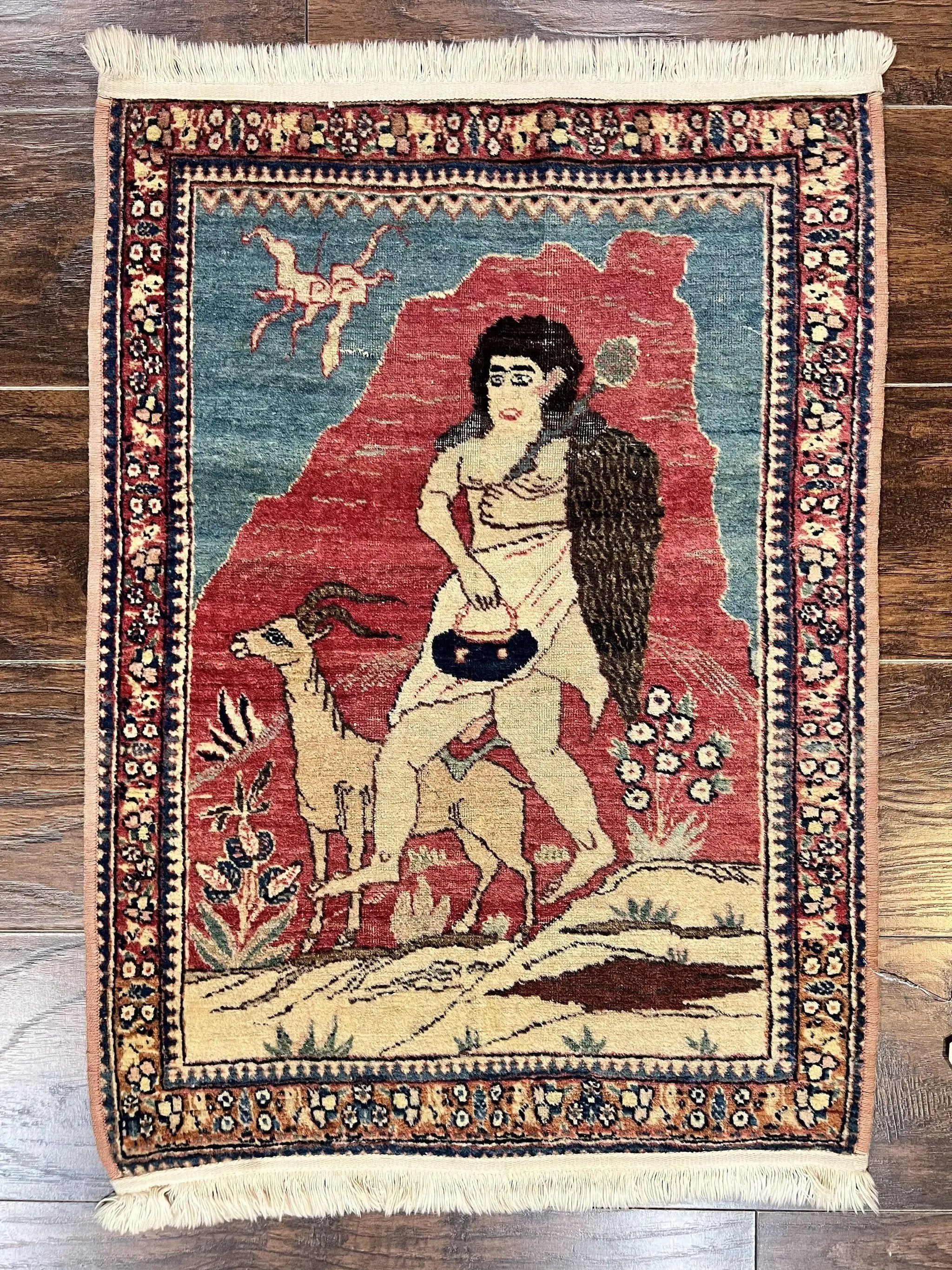 Antique Persian Kirman Rug 2 x 2.5, Small Hand Knotted Wool Carpet, Lavar Rug, Shepherd with Ram Pictorial Rug #1 by Jewel Rugs