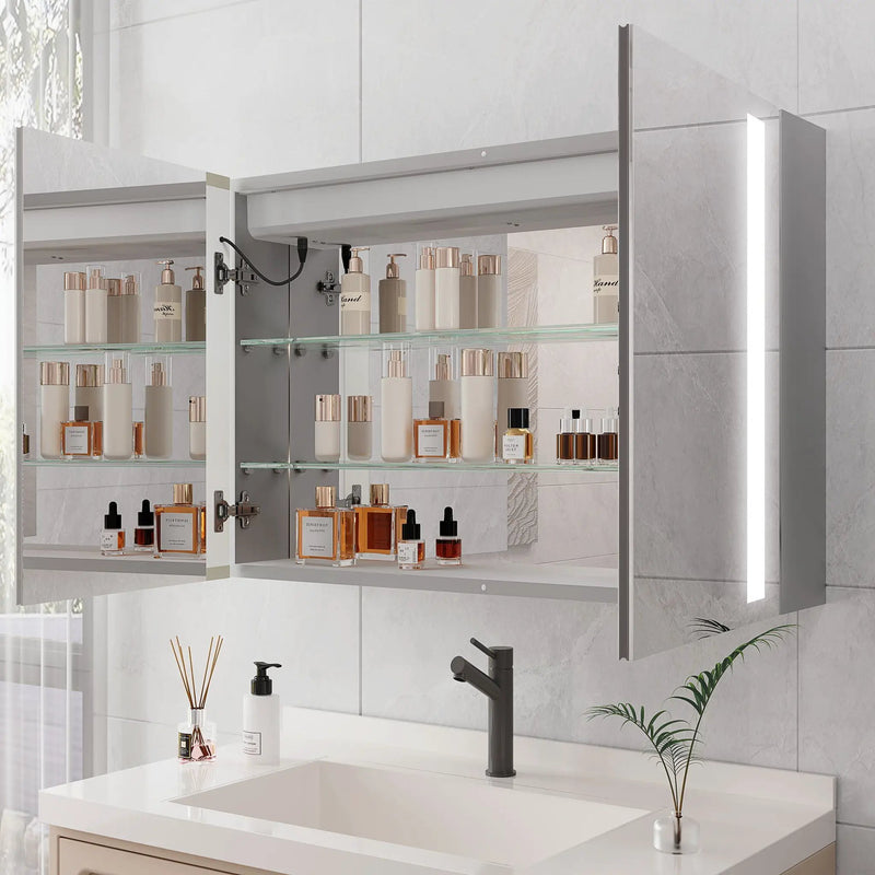 LED Medicine Cabinet With Mirror, Double Door With Defogger, Dimmer, Surface Mount by HouseOfZazla