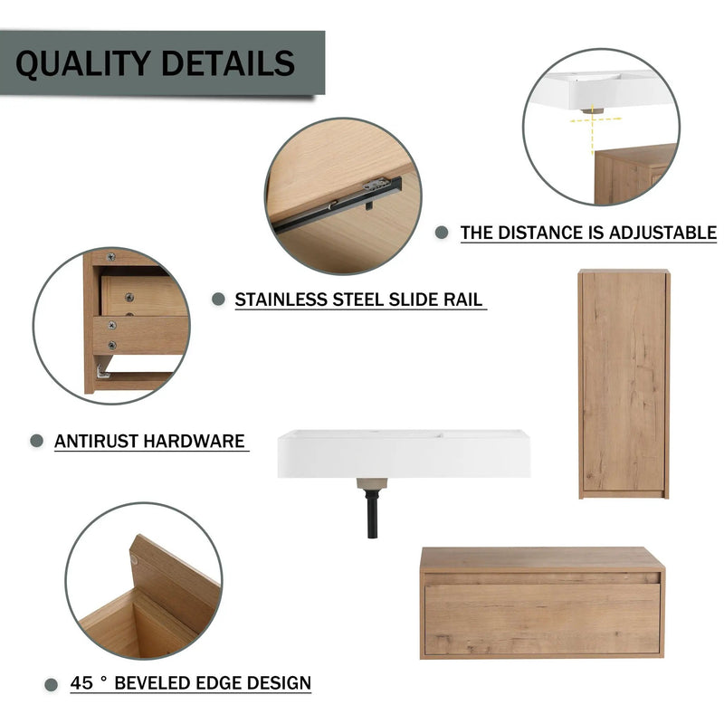 Modern Wall Mounted Bathroom Vanity With Resin Sink And Side Cabinet, Soft Close Drawer, Imitative - Imitative Oak by Unique Piece Furniture