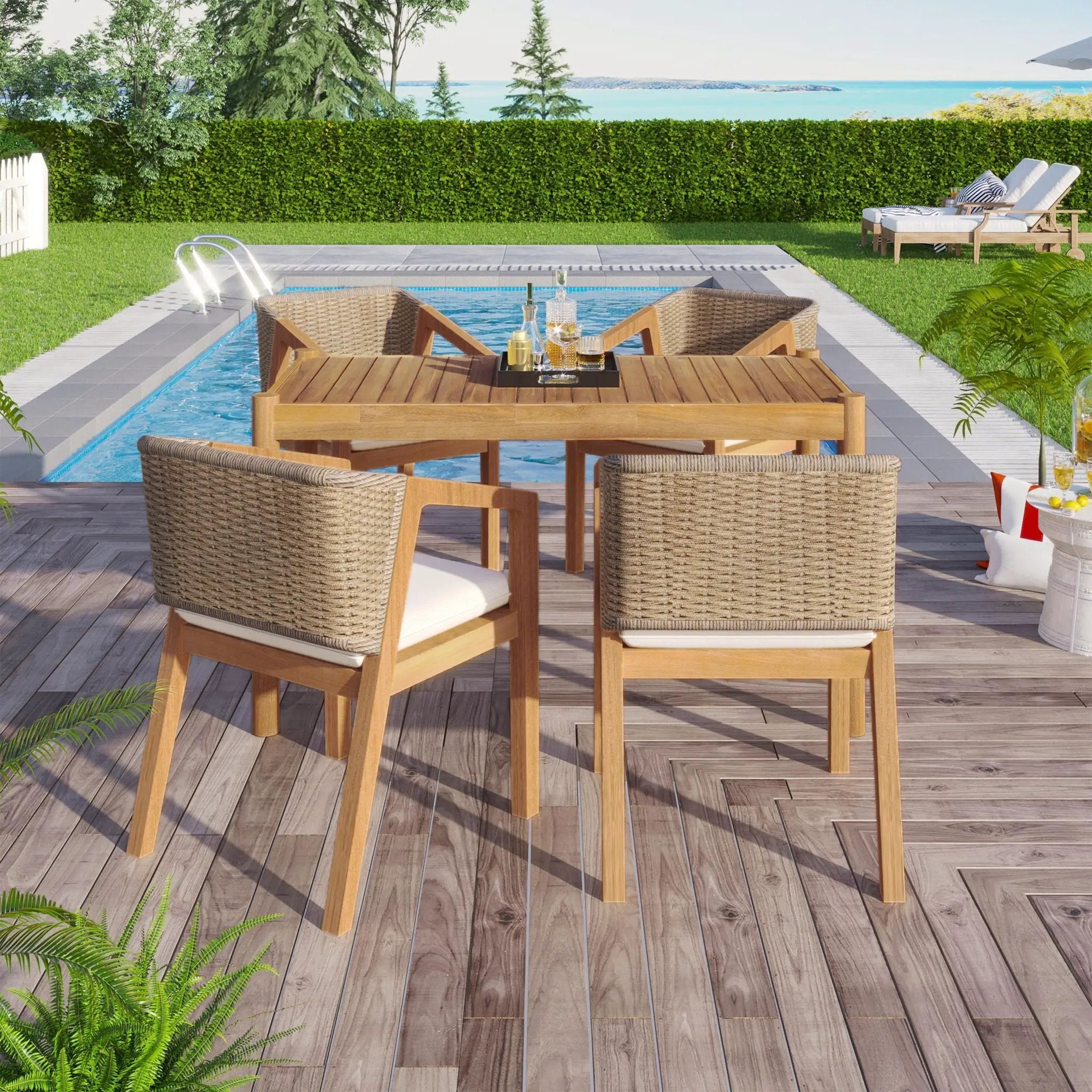 Outdoor Dining Set 1 Table 4 Chairs (Set of 5) - Teak / Beige by HouseOfZazla