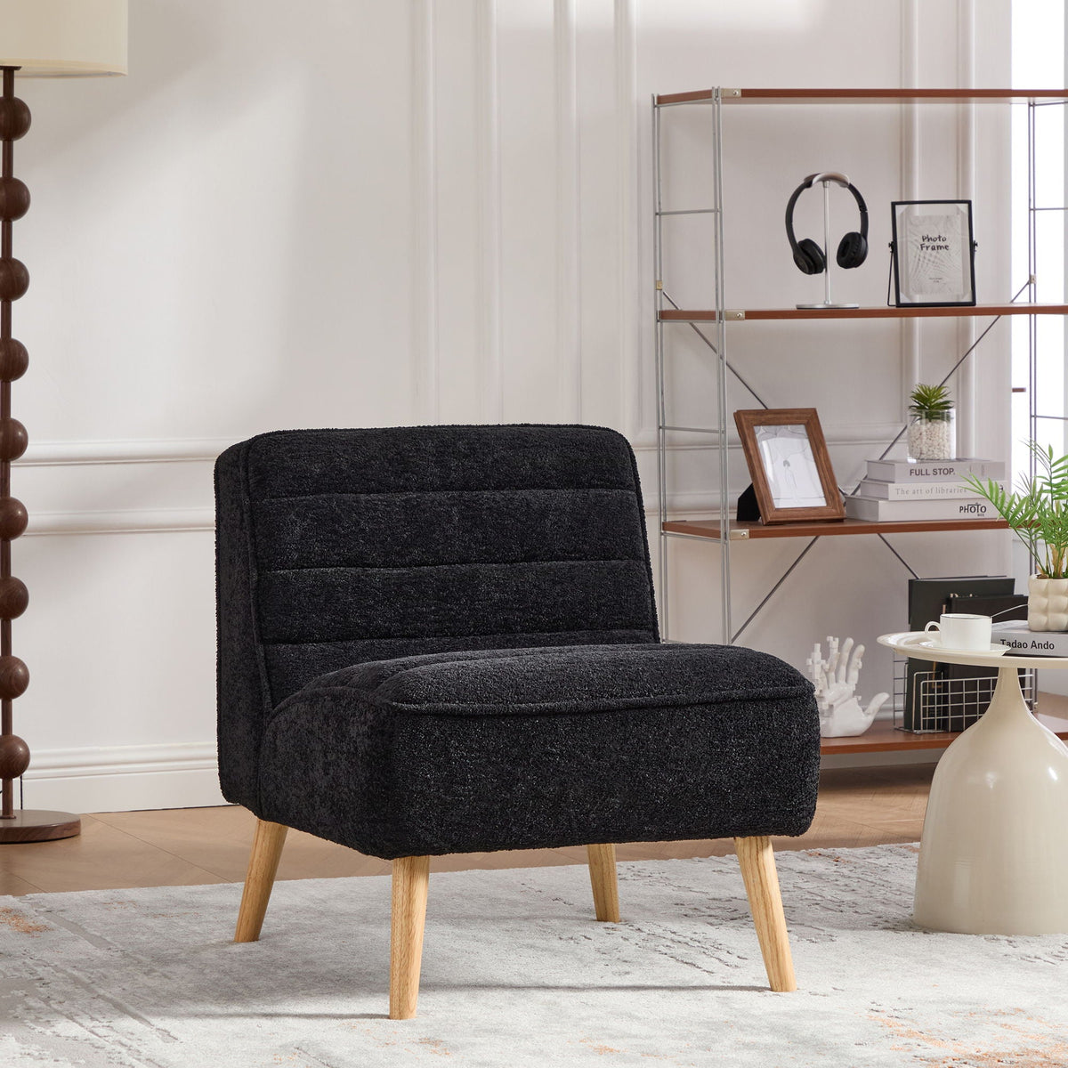 Black Upholstered Armless Accent Chair with Wood Legs, photo 11 of 15