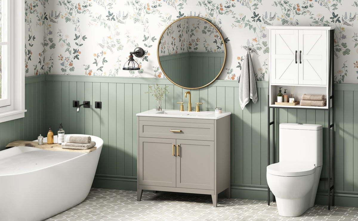 30" Bathroom Vanity with Ceramic Sink Top and Solid Wood Legs - Beige or Wood, photo 4 of 10