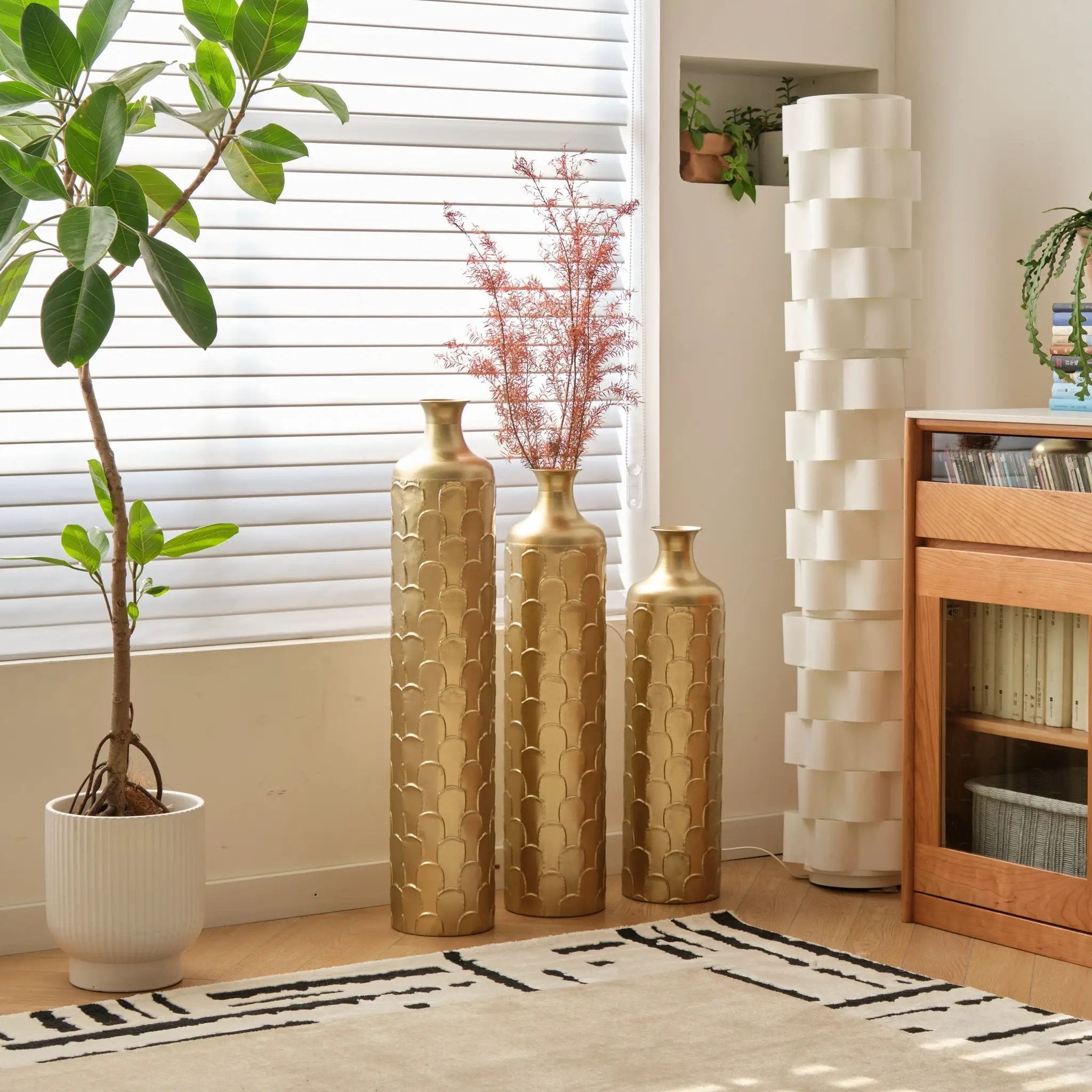 Floor Metal Vases Decorated White Metal Vases (Set of 3) Gorgeous Home Decoration Large Glazed Metal Vases - Golden by HouseOfZazla