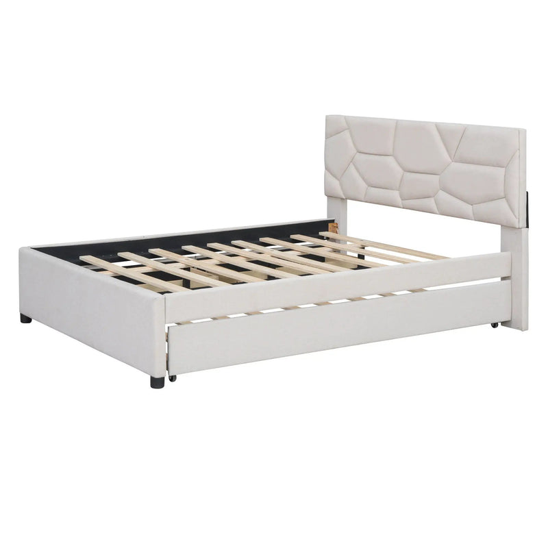 Upholstered Platform Bed With Brick Pattern Headboard And Twin Long Size Trundle by HouseOfZazla