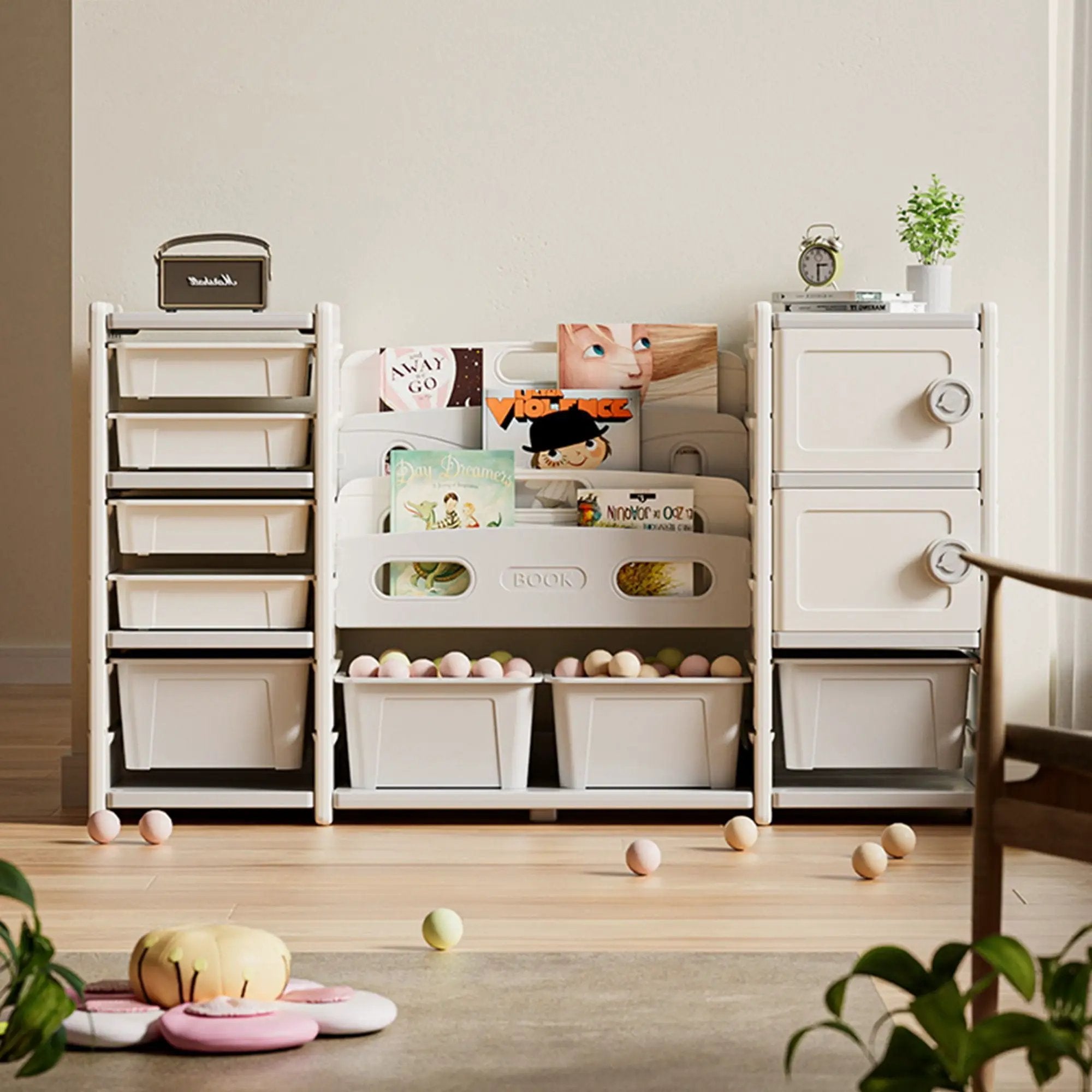 Kids Toy Storage Organizer With 8 Removable Toy Bins, 4 Tier Bookshelf, And 2 Cabinet Storage - Gray / Ivory by HouseOfZazla