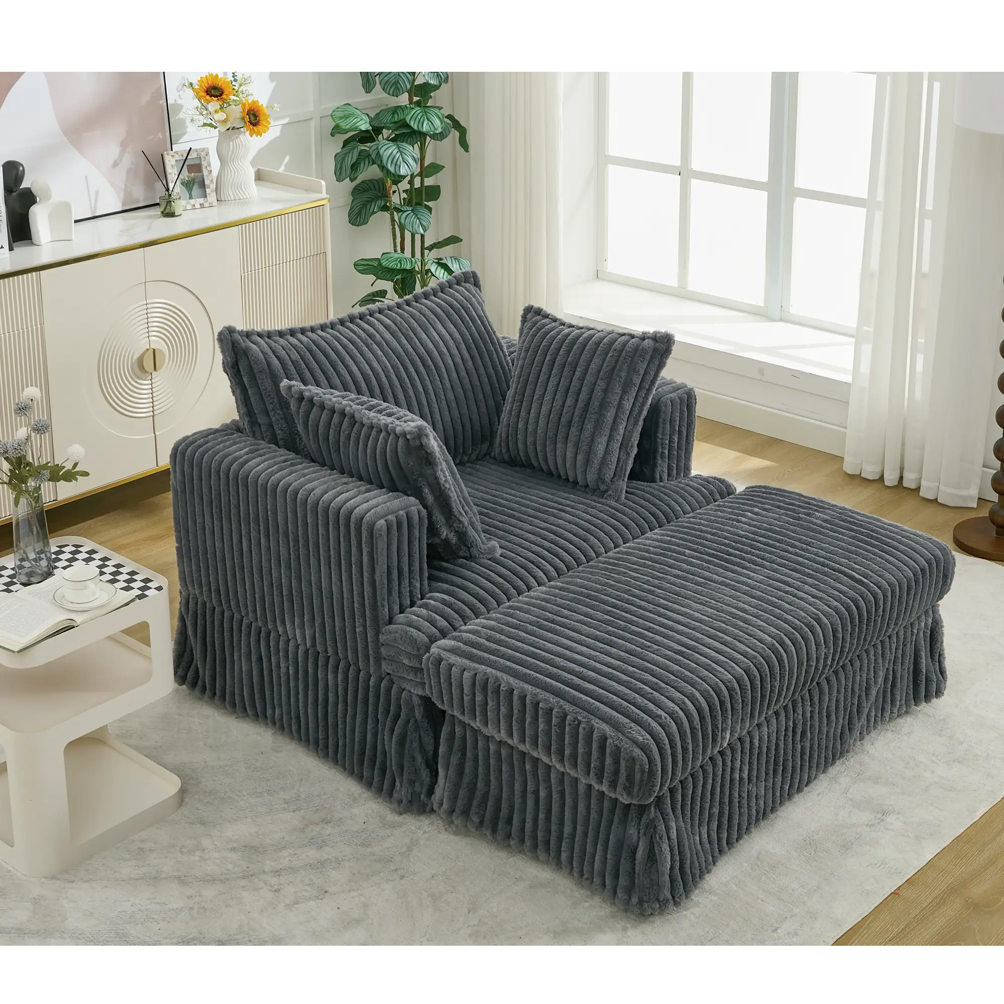 Oversized Corduroy Chaise Lounge with Ottoman in Dark Gray by HouseOfZazla