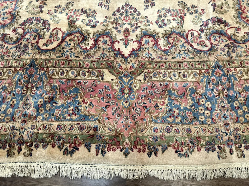 Palace Size Persian Kerman Rug 11x20 ft, Very Fine 340 KPSI, Vintage Oversized Wool Handmade Large Persian Carpet, Beige Light Blue Pink by Jewel Rugs