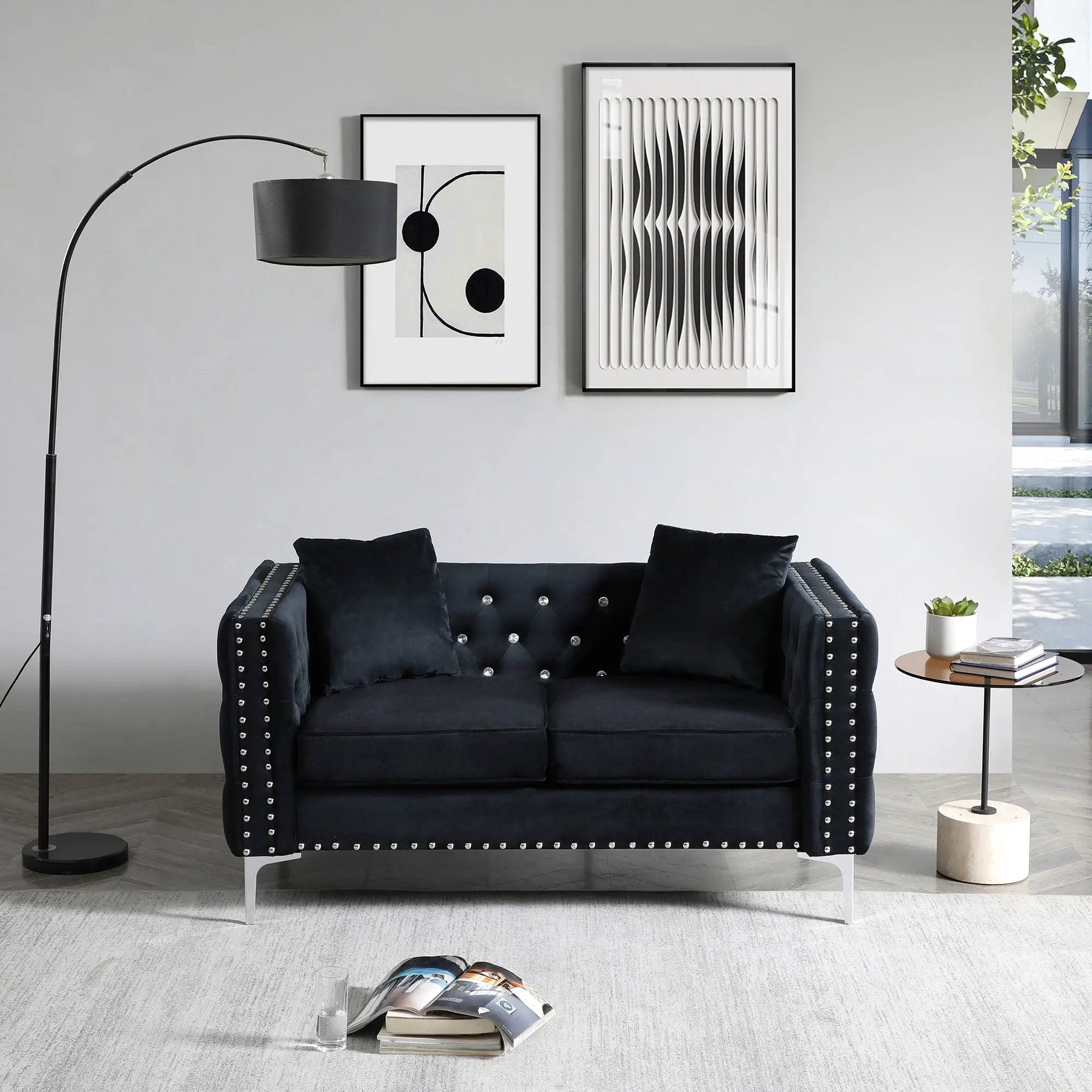 Wide Sofa With Jeweled Buttons Square Arm, 2 Pillows by HouseOfZazla