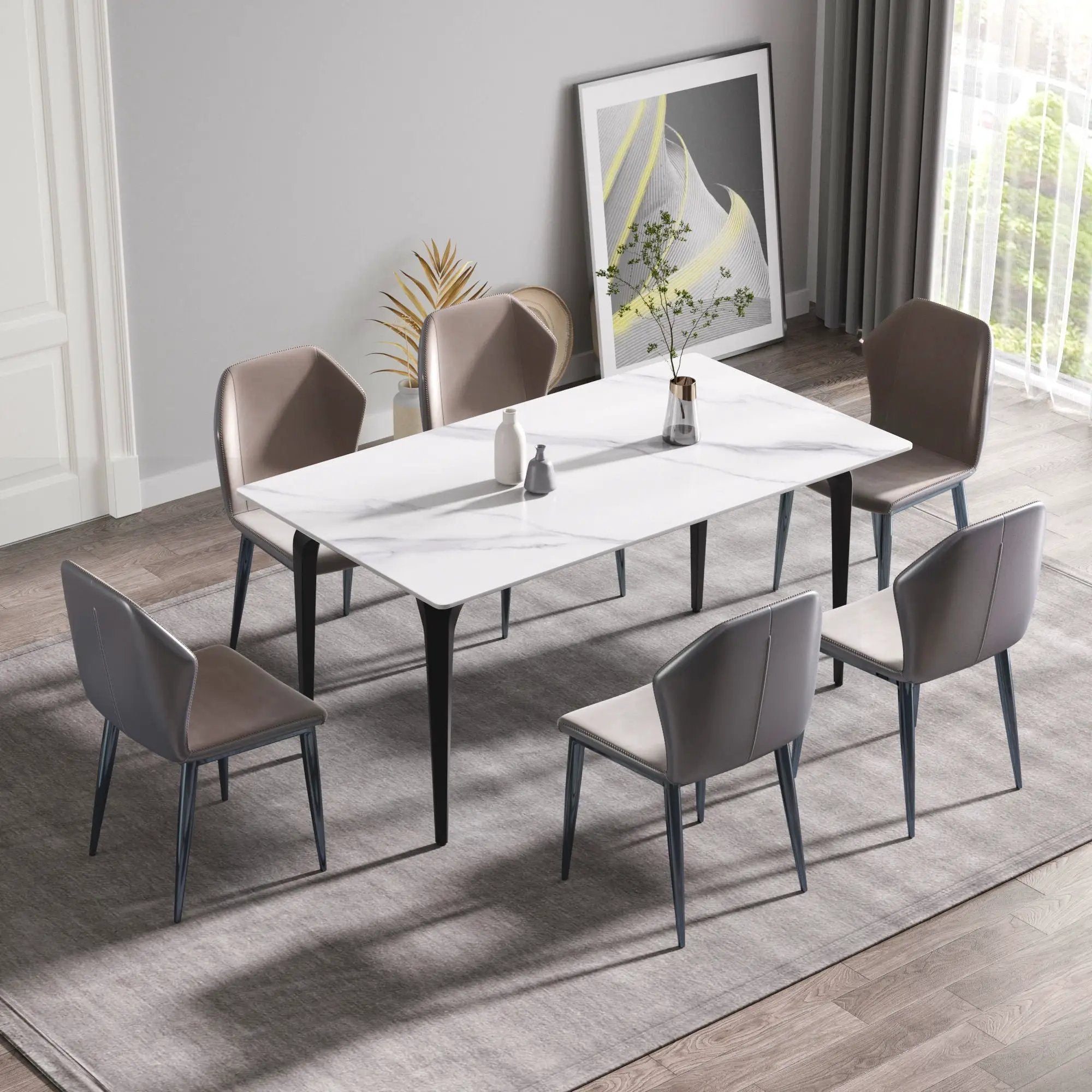 63" Modern Artificial Stone White Straight Edge Black Metal Leg Dining Table, 6 People - White / Black by HouseOfZazla