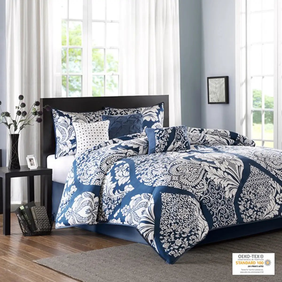 7 Piece Cotton Printed Comforter Set - Indigo - Cal King by HouseOfZazla