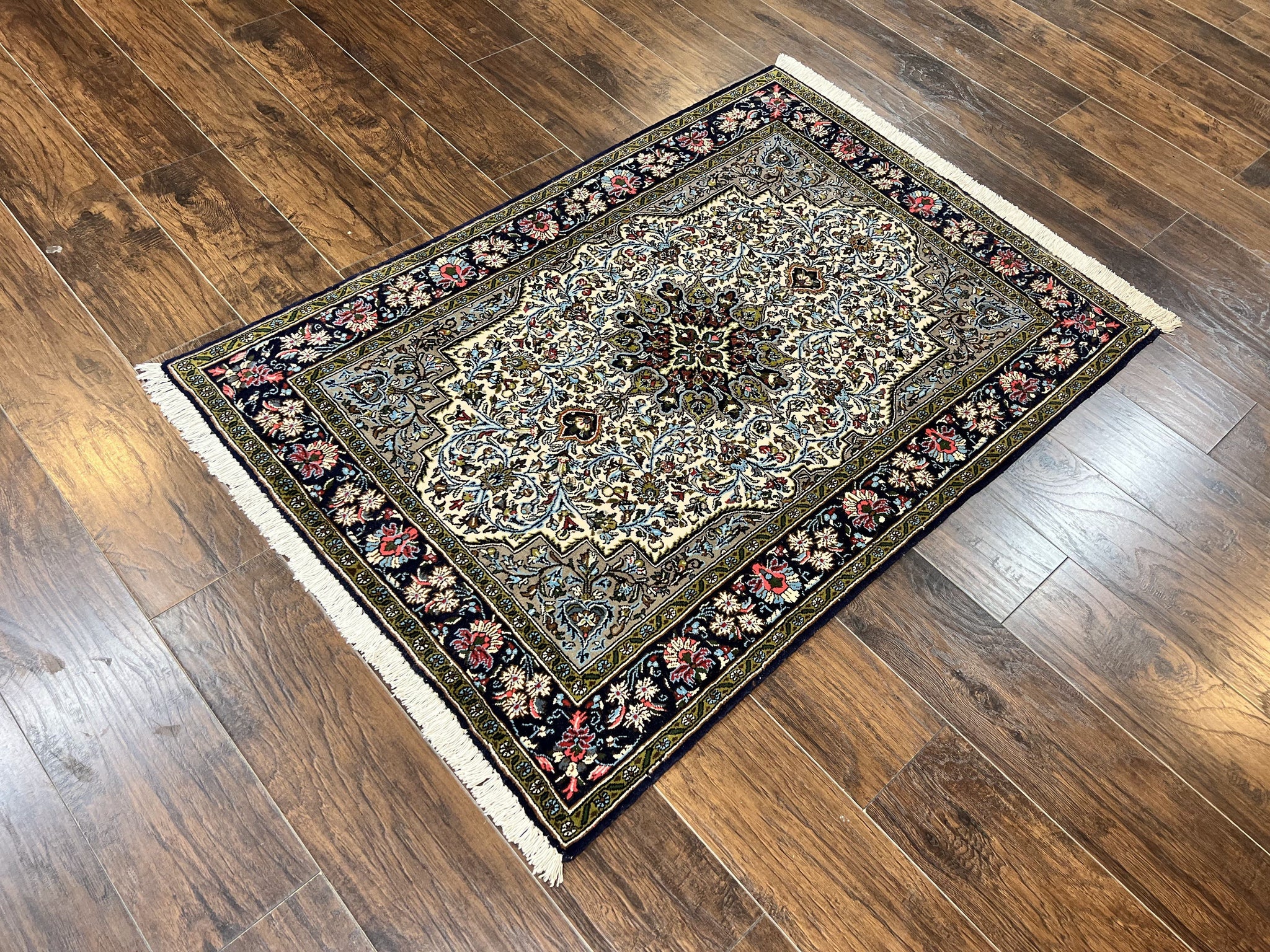 Persian Qum Rug 3x5, Wool with Silk Highlights, Handmade Semi Antique Carpet, Ivory & Navy Blue, Floral Medallion, Finely Hand Knotted by Jewel Rugs