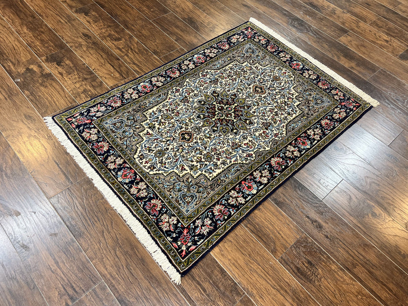 Persian Qum Rug 3x5, Wool with Silk Highlights, Handmade Semi Antique Carpet, Ivory & Navy Blue, Floral Medallion, Finely Hand Knotted by Jewel Rugs