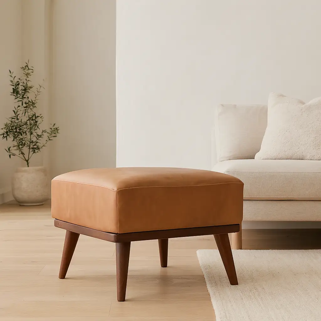 Tan Buffalo Leather Footstool, Upholstered, Nordic Legs by HouseOfZazla