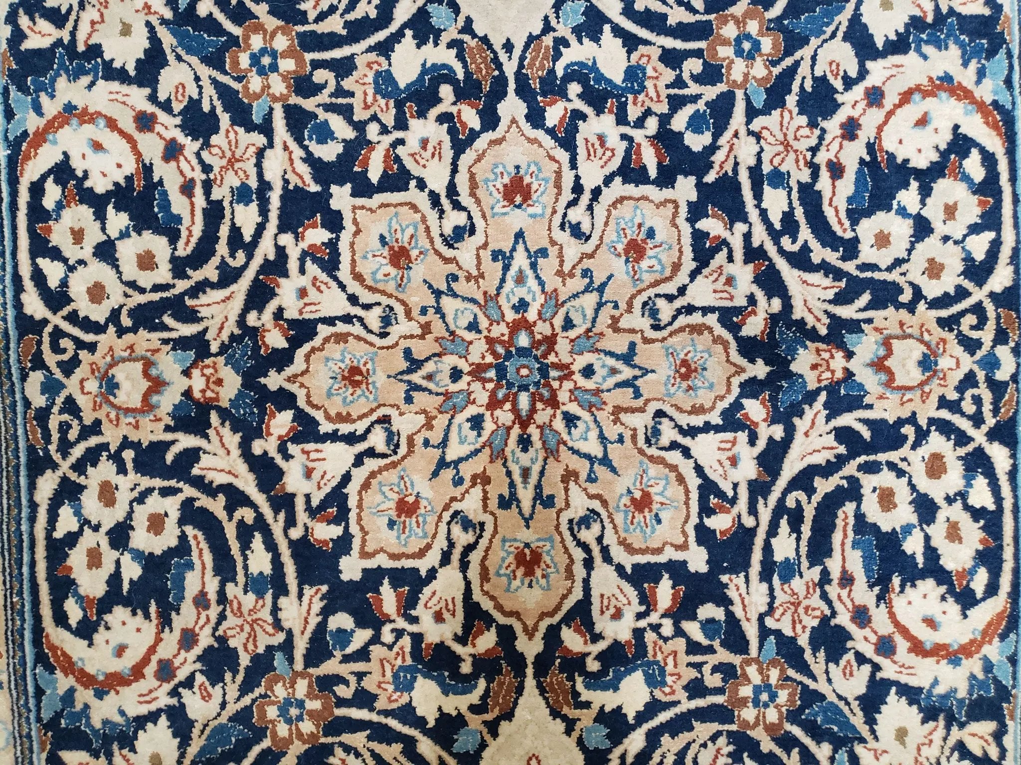 Persian Nain Rug 4x6, Ivory and Blue, Hand-Knotted, Wool & Silk by Jewel Rugs