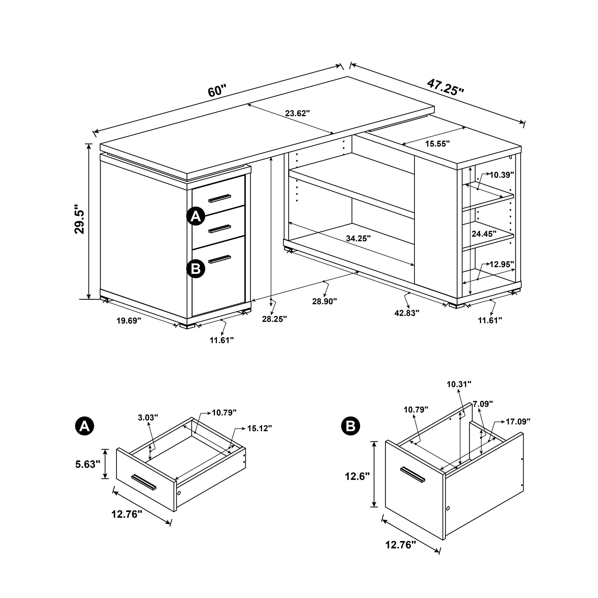 Tona - L-Shape Computer Desk With 3 Drawers And 5 Shelves by HouseOfZazla