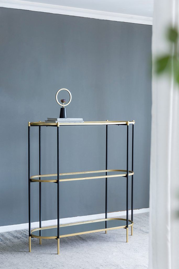 3 Tier Metal Console Table, Mirrored Shelf - Golden Black by HouseOfZazla