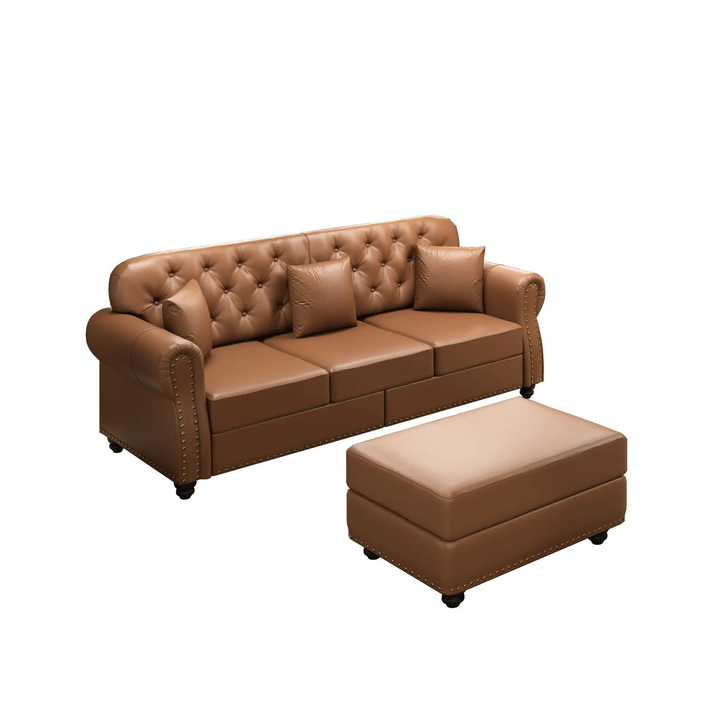 Upholstered Sofa With Nailhead Trim, Rolled Armrests With Ottoman by HouseOfZazla