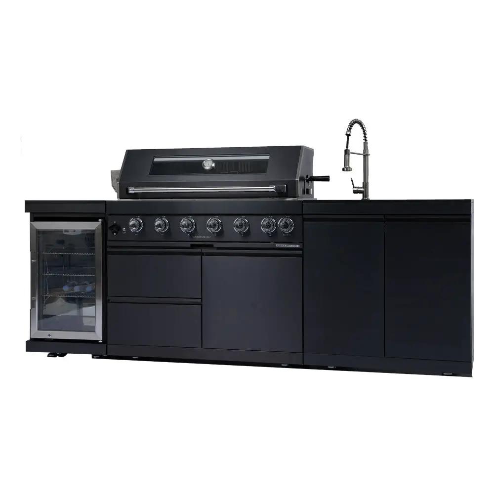 NG 95" 6-Burner 85000 BTU Black Outdoor Kitchen Island Grill Rotisserie kit Granite Countertops by Chery Industrial