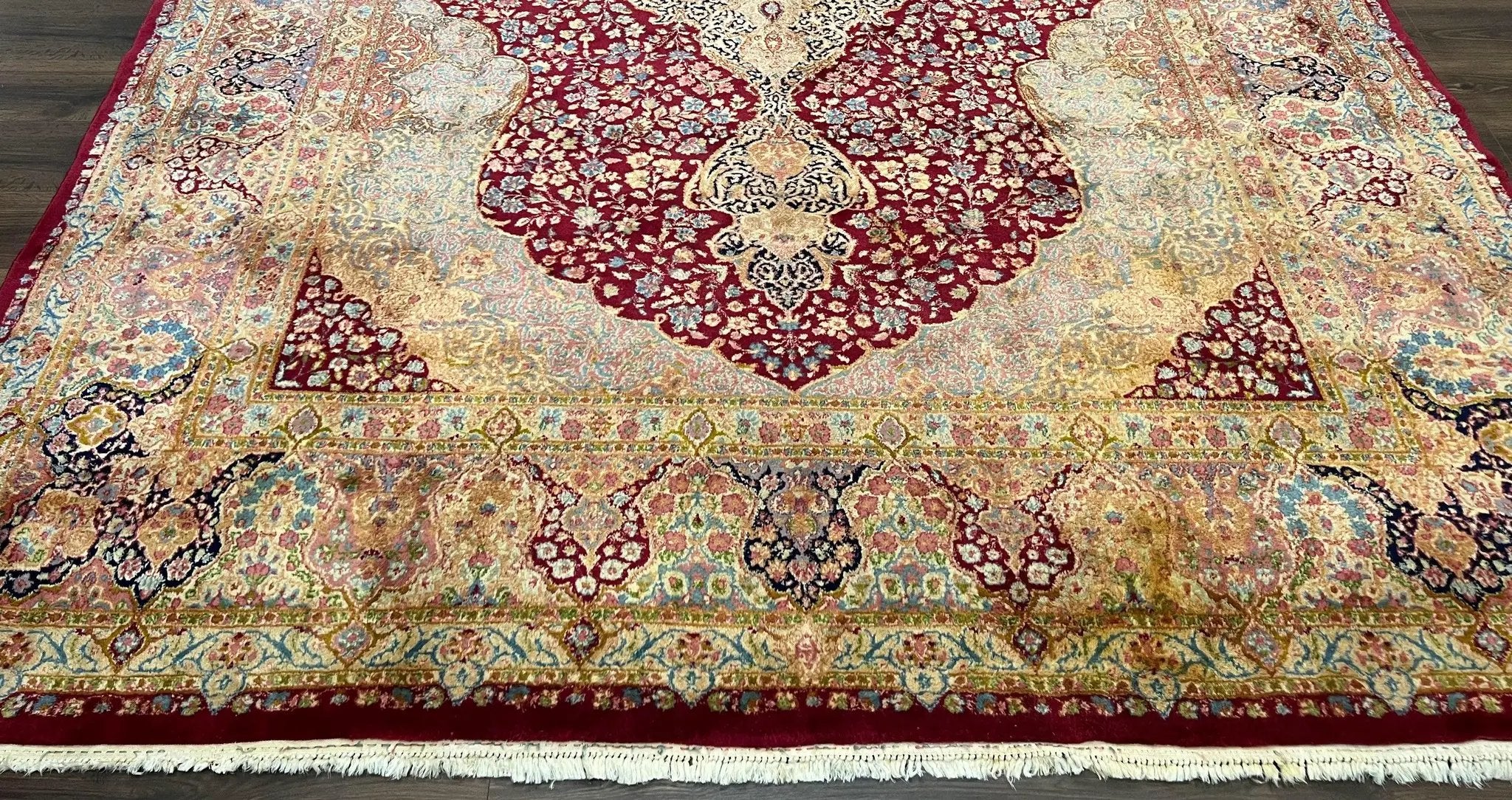 Persian Rug 9x12, Kirman DeLuxe, Millefleur Floral Medallion Carpet, Maroon Light Blue Beige, Semi Antique Authentic Hand Knotted Wool Rug by Jewel Rugs