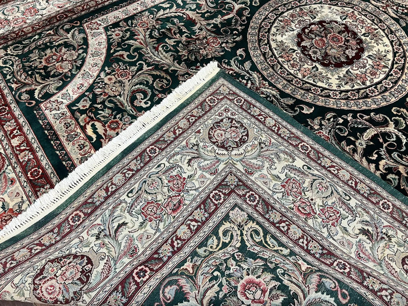 Pak Persian Rug 9x12, Dark Green and Cream, Floral Medallion, Elegant Handmade Wool Carpet 9 x 12 by Jewel Rugs