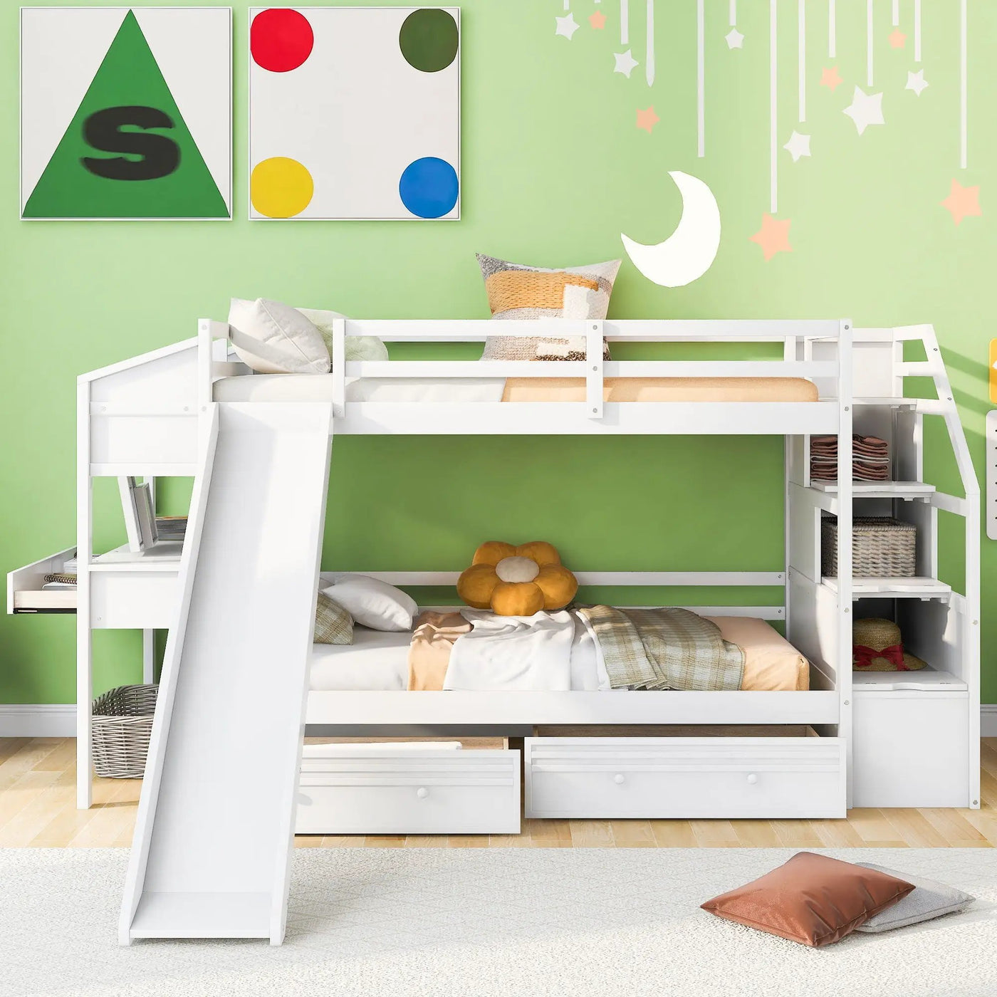 Bunk Bed With Storage Staircase, Slide, Desk, Drawers, And Shelves by HouseOfZazla