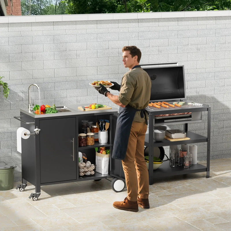 Outdoor Grill Cart With 304 Stainless Steel Sink And Cabinet - Black / Silver by HouseOfZazla