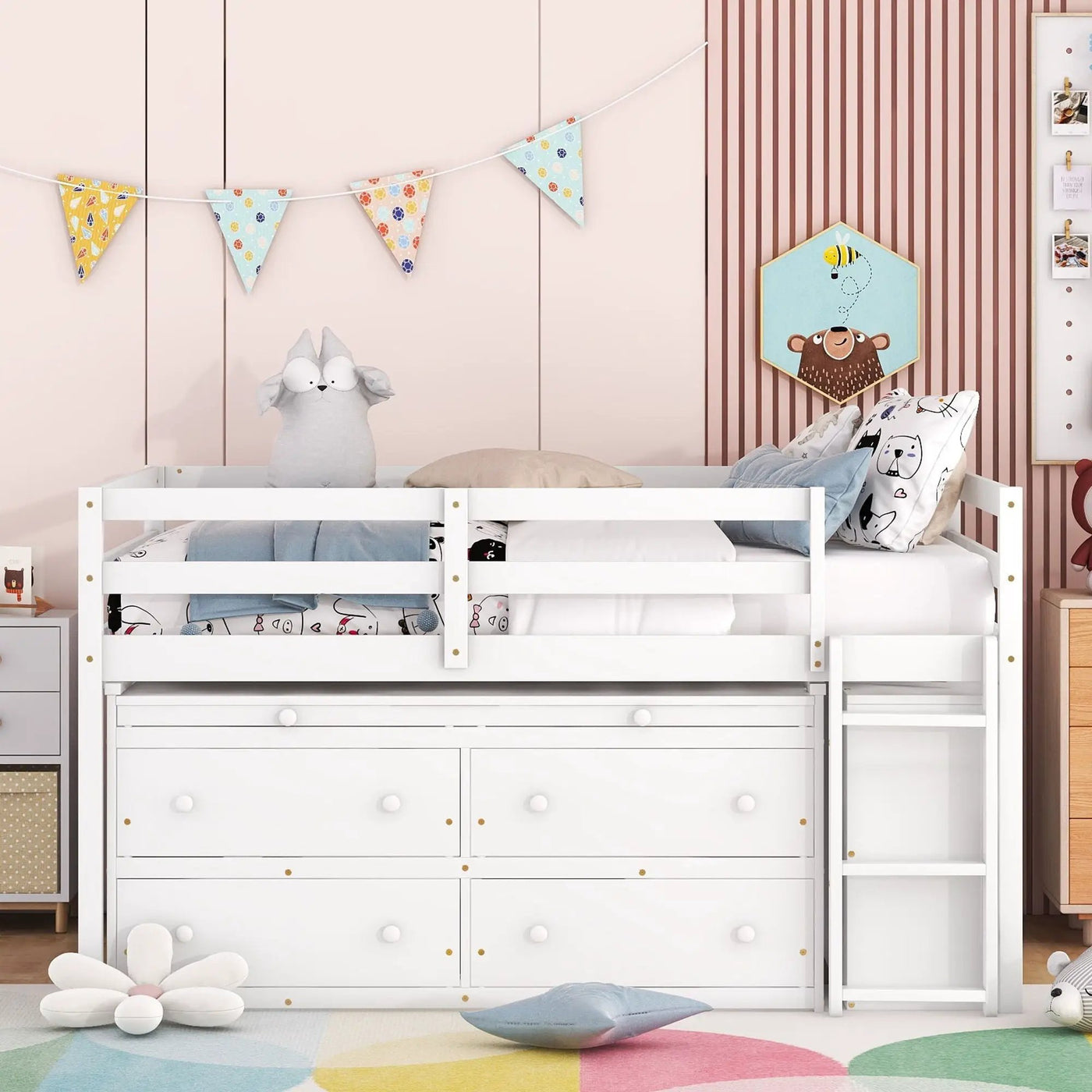Loft Bed With Retractable Writing Desk And 4 Drawers, With Lateral Portable Desk And Shelves by Unique Piece Furniture