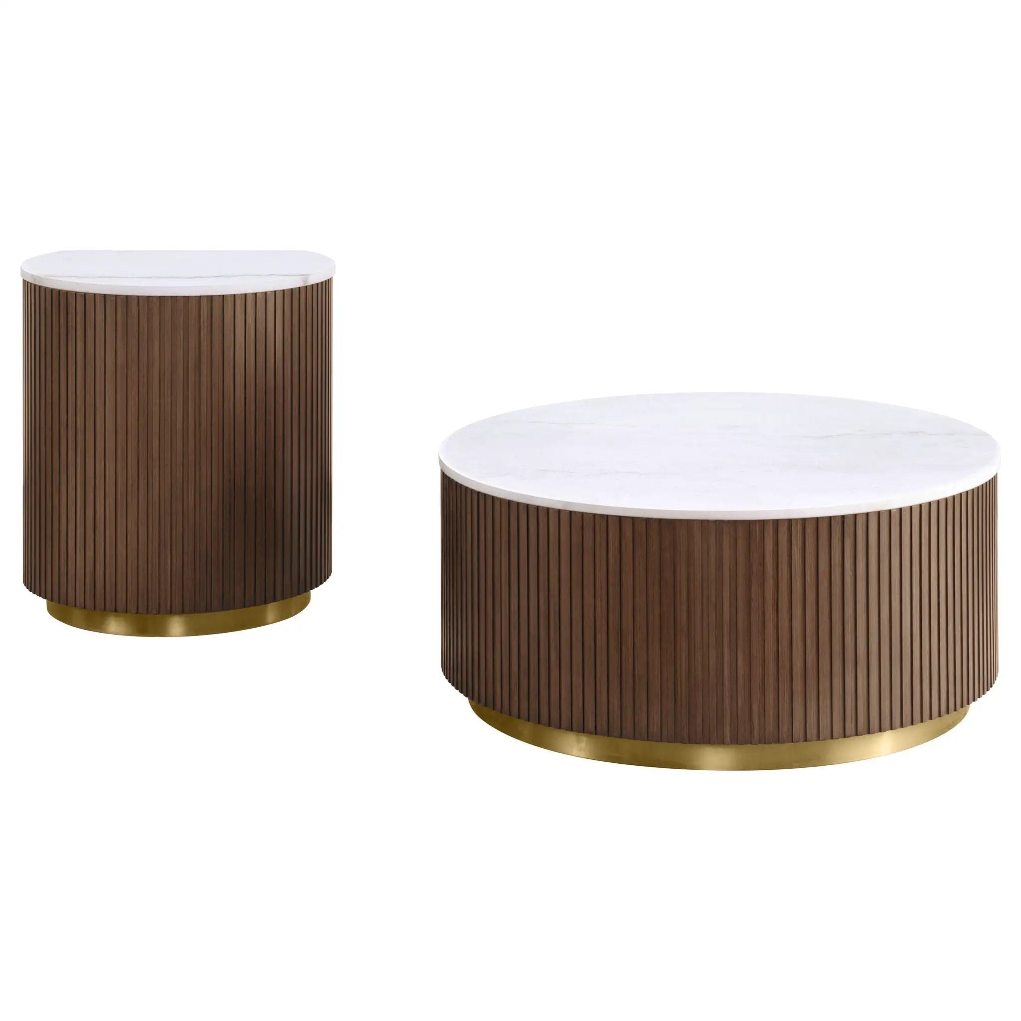 Jason 2-piece Round White Marble Coffee Table Set Honey Brown by Unique Piece Furniture
