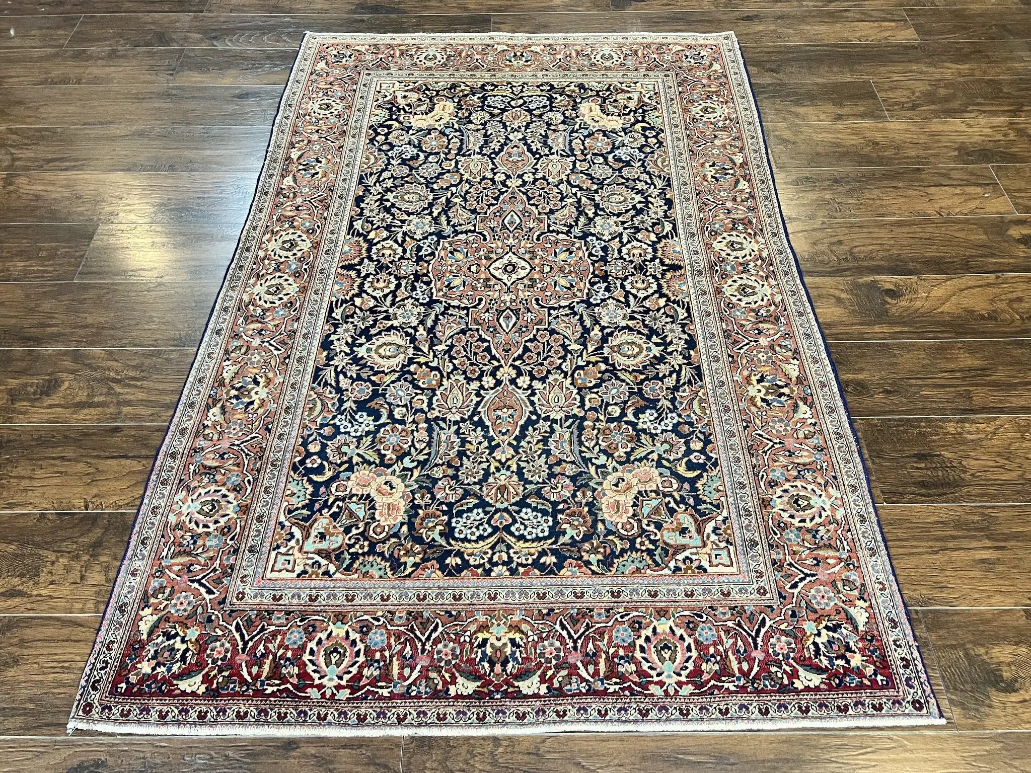 Persian Kashan Rug 4x7, Floral Medallion Vintage Handmade Hand Knotted Navy Blue & Red Wool Oriental Carpet, Highly Detailed Semi Antique Rug by Jewel Rugs