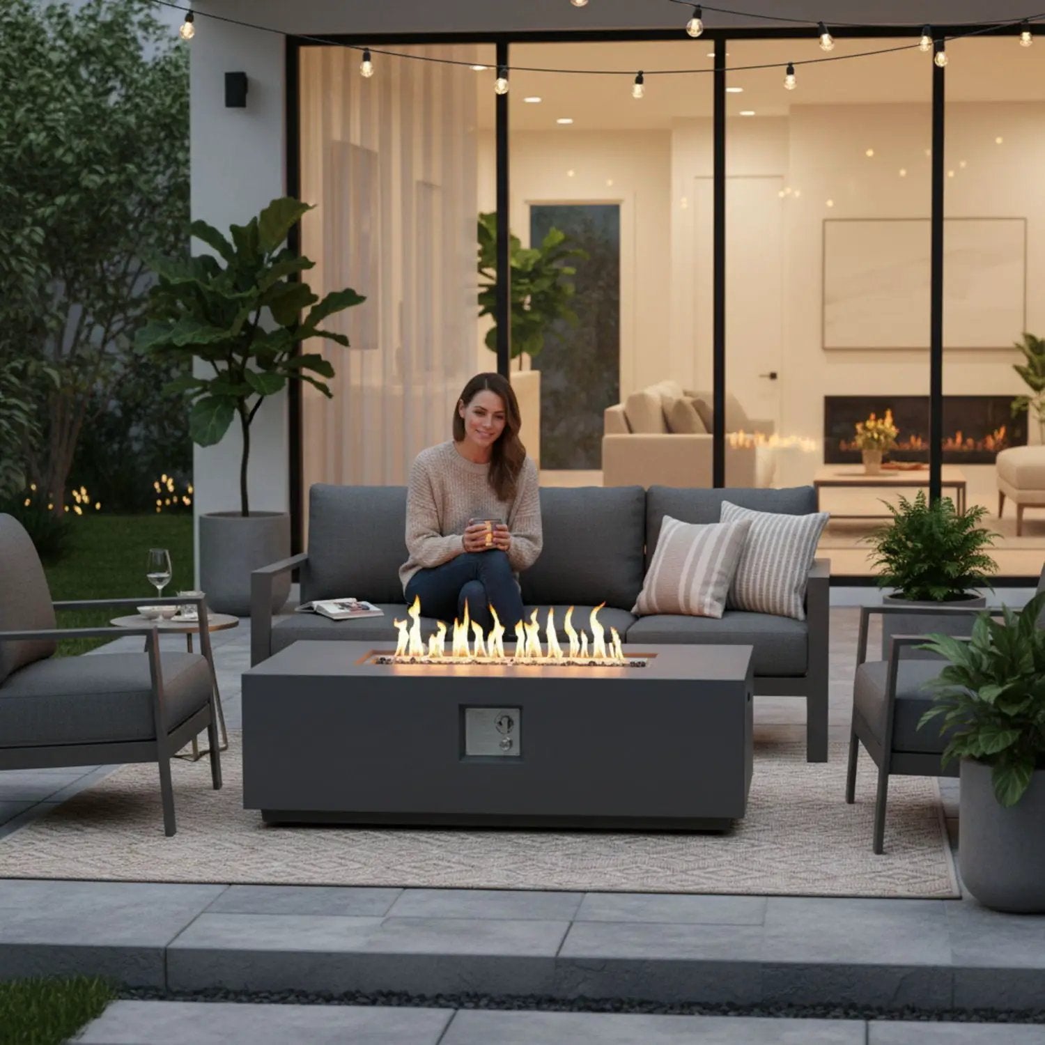 Volon - Rectangular Fire Pit Table, Propane Powered, 50,000 BTU - Light Gray by HouseOfZazla