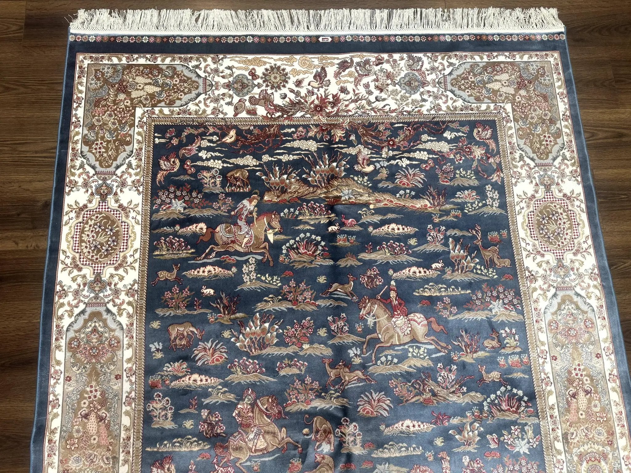 Turkish Silk Rug 5x8, Hunting Design, Animal Pictorials, Steel Blue & Ivory, Bamboo Silk by Jewel Rugs