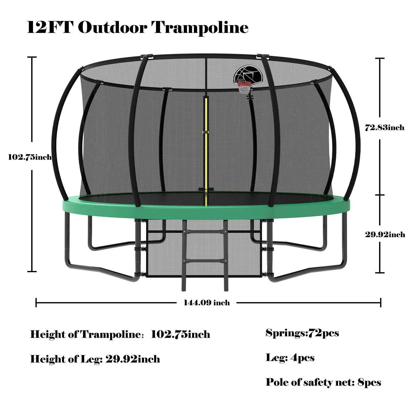 12' Recreational Kids Trampoline With Safety Enclosure Net & Ladder, Outdoor Recreational Trampolines by HouseOfZazla