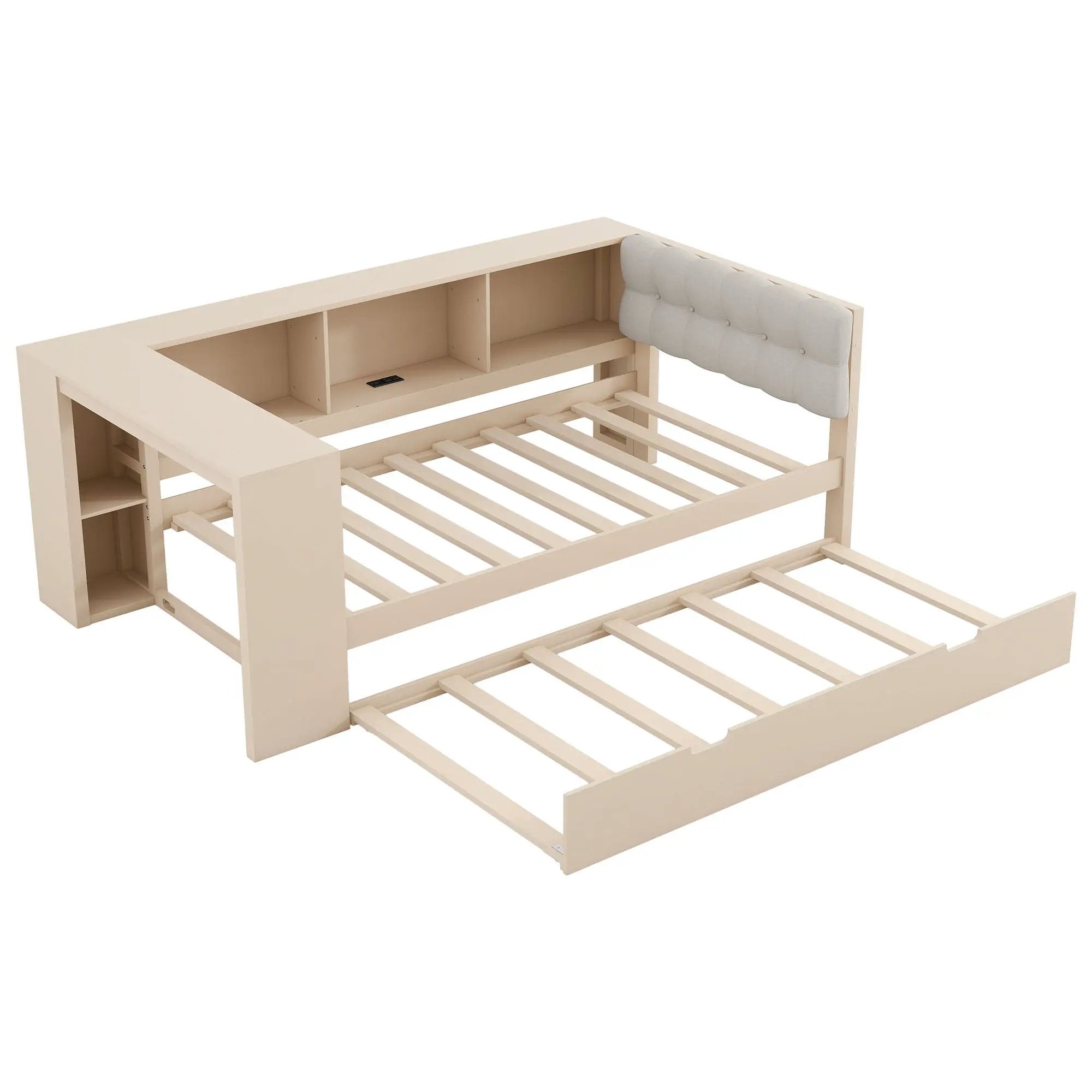 Upholstered Headboard Platform Bed with Storage Shelves, Trundle, and Charging Station by HouseOfZazla